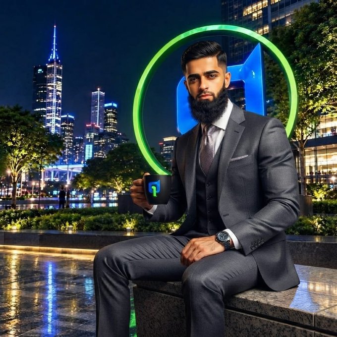 A bearded man in a gray three-piece suit sits on a ledge at night, holding a mug with a logo, framed by a glowing green circular light against a city skyline backdrop.