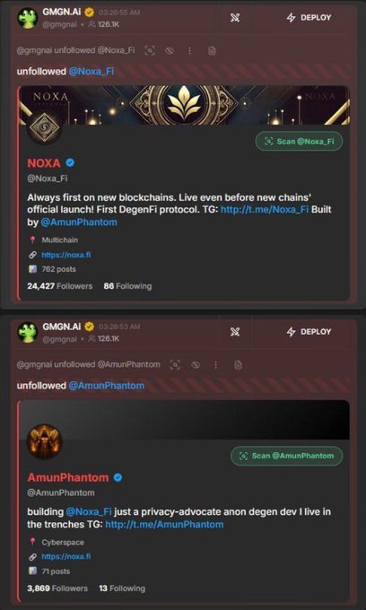 Two GMGN.AI bot screenshots showing the account unfollowing @Noxa_FI and @AmunPhantom, displaying profile details for NOXA (described as 'First DegenFi protocol, built by @AmunPhantom') and AmunPhantom (a 'privacy-advocate anon degen dev').