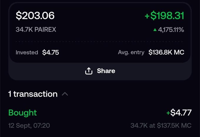 A screenshot of a crypto portfolio showing a current value of $203.06 with a gain of +$198.31 (4,175.11%) on 34.7K PAIREX, with an invested amount of $4.75.