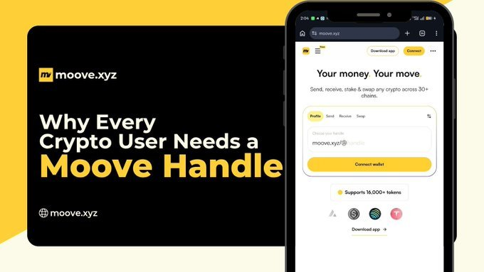 An advertisement for 'moove.xyz' titled 'Why Every Crypto User Needs a Moove Handle', showing a mobile app interface for sending, receiving, staking, and swapping crypto across 30+ chains.