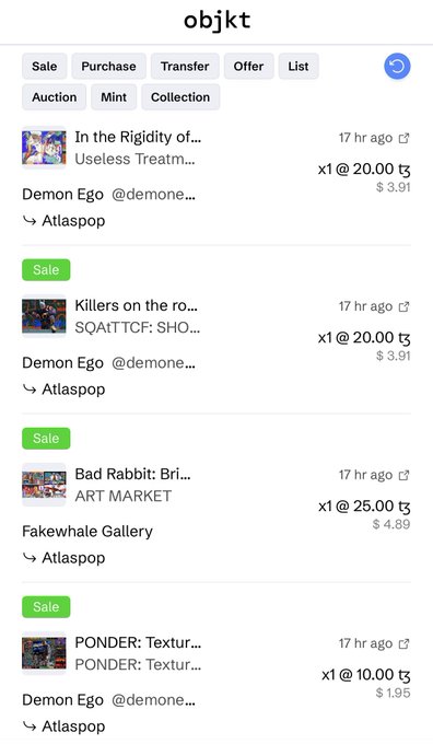 A screenshot from a platform called 'objkt' showing a list of recent NFT sales, including items titled 'In the Rigidity of...', 'Killers on the ro...', and 'Bad Rabbit: Bri...', with prices in Tez (ꜩ).