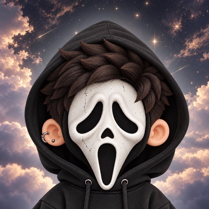 A 3D-stylized cartoon character wearing a cracked Ghostface mask and black hoodie is set against a dreamy cosmic sky with stars and clouds, fitting the spooky-celebratory tone of the post thanking @EnterNYX for the honorary award.
