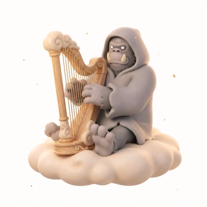 A 3D render of a hooded gorilla-like creature sitting on a cloud and playing a wooden harp.