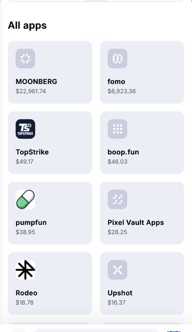 A screenshot of an app store page titled 'All apps' displays a grid of icons with prices such as MOONBERG ($22,961.74), TopStrike ($49.17), and pumpfun ($38.95).