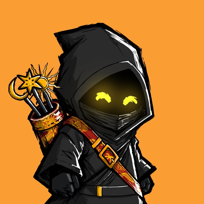 A stylized cartoon character wearing a black hooded cloak with glowing yellow eyes, carrying a quiver of arrows and a red patterned strap across its chest against an orange background.