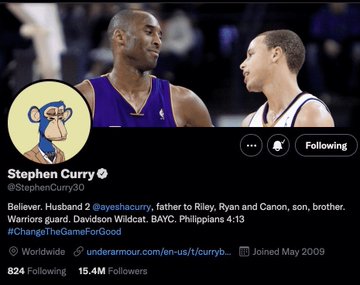 An X (Twitter) profile page for Stephen Curry (@StephenCurry30) shows him with Kobe Bryant in the banner, with bio text referencing his family and Warriors guard background, and 15.4M followers.