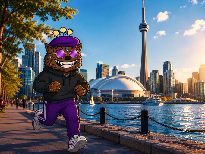 The image features a cartoon cat dressed as a superhero with googly eyes, wearing sunglasses and a hat, running down a sidewalk near a body of water. The backdrop includes tall buildings that suggest an urban setting next to a bridge or tower. The caption reads "Happy Friday! XRP Army, Crypto Twitter, NFT Community, Web3 Builders, World Family and my Canadian crypto family!", indicating that this is related to a post discussing cryptocurrency news or the use of the token XRP in various contexts.