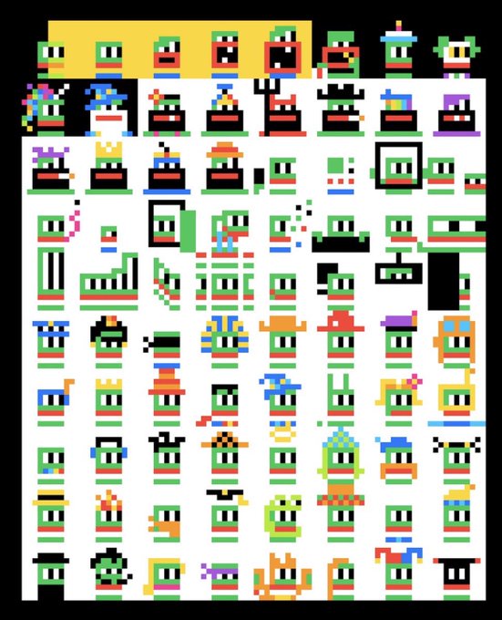 A pixel art sprite sheet featuring numerous small character designs, many appearing to be variations of green and white figures with various hats, hats, and accessories arranged in a grid layout.