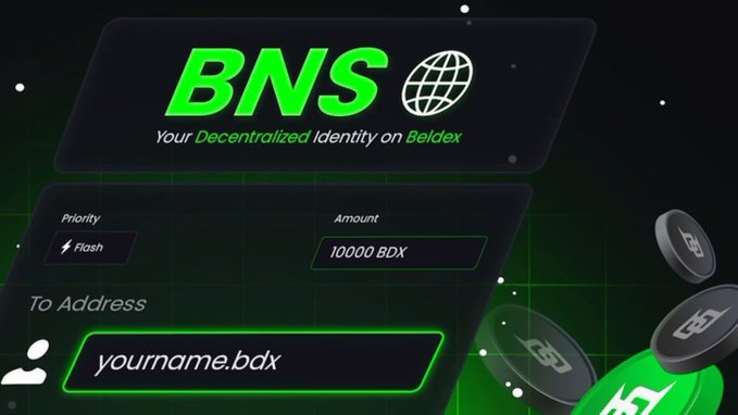 A promotional graphic for 'BNS - Your Decentralized Identity on Beldex' showing a transaction interface with 'Priority: Flash', 'Amount: 10000 BDX', and 'To Address: yourname.bdx', with Beldex coin graphics floating on the right.