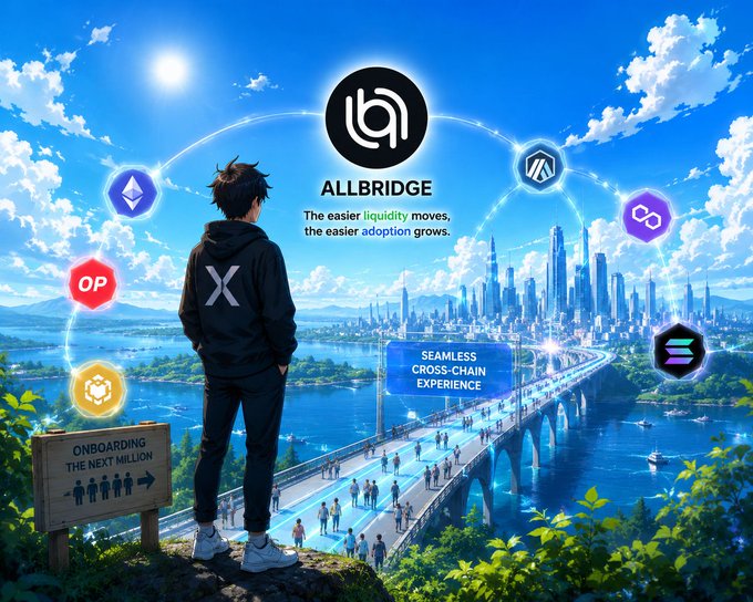 A promotional graphic for 'ALLBRIDGE' showing a figure overlooking a futuristic city bridge, with the tagline 'The easier liquidity moves, the easier adoption grows' and 'SEAMLESS CROSS-CHAIN EXPERIENCE' displayed among various blockchain logos.