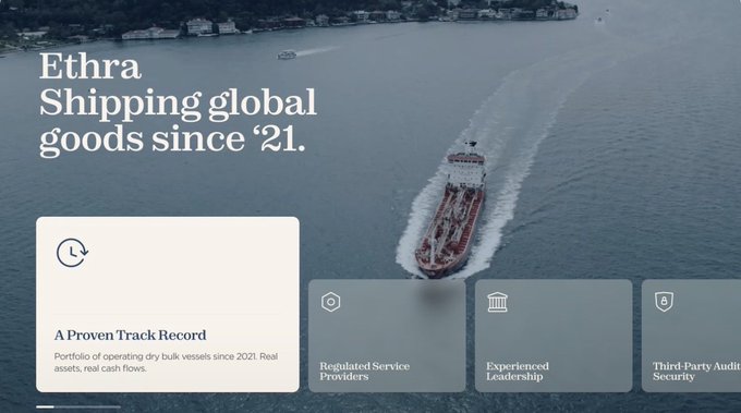 Website hero section for Ethra Shipping with the headline 'Shipping global goods since '21', featuring an aerial view of a cargo ship and service feature cards including 'Regulated Service Providers', 'Experienced Leadership', and 'Third-Party Audit Security'.