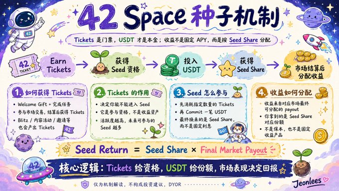 An infographic in Chinese titled '42 Space 种子机制' explaining a crypto token mechanism involving Tickets, USDT, and Seed Share, signed 'Jeonlees' with the formula 'Seed Return = Seed Share × Final Market Payout'.