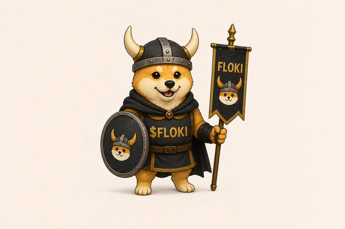 A cartoon Shiba Inu dog dressed as a Viking, holding a shield and a banner with the text 'FLOKI' and '$FLOKI' on its clothing.