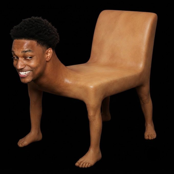 A surreal image shows a chair with human legs as its supports and a smiling young man's head as the backrest, playing on the post's joke about wanting an "Ansem chair" to add to the $MENSA meme "furniture set" at 6.2m market cap.