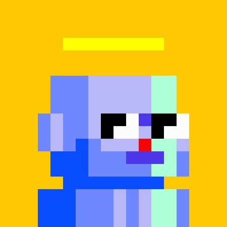 A low-resolution pixel art style character with a blue body, a yellow halo, and black eyes with a small red nose against an orange background.