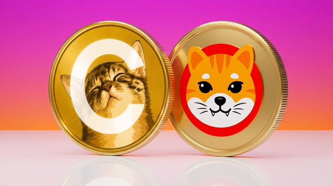 Two golden coins stand upright against a vibrant pink and orange gradient—one featuring a kitten's face embedded within a glowing "C" (representing $CHIBI) and the other displaying a stylized Shiba Inu emblem (representing $CATE)—visually framing the post's central rivalry between the cat-themed memecoins at chibinekotoken.com.