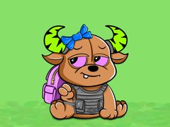 A cartoon illustration of a brown monster character with green horns, a blue bow, and a pink backpack, wearing a tactical vest against a green background.