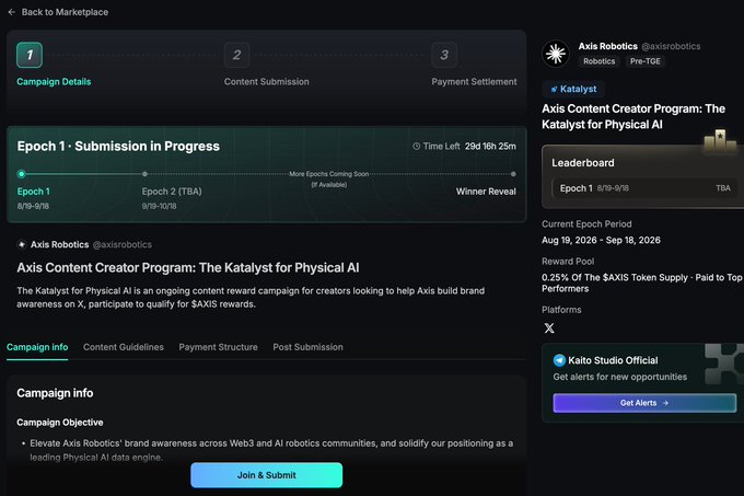 A dark-themed webpage interface for an 'Axis Robotics Content Creator Program: The Katalyst for Physical AI,' showing campaign details, a timeline for Epoch 1, a reward pool of 0.25% of the $AXIS Token Supply, and a 'Join & Submit' button.