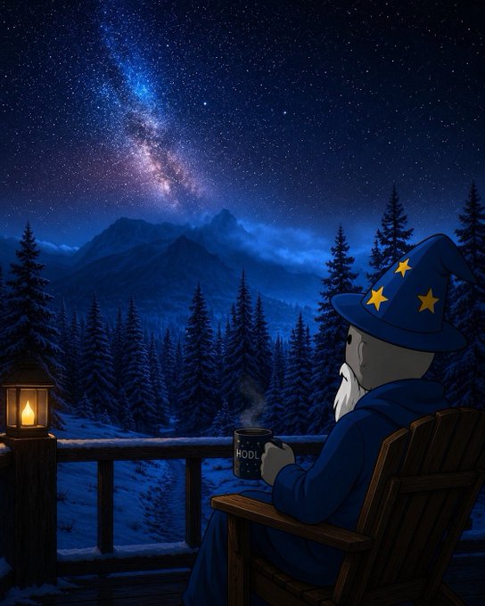 A wizard in a star-adorned blue hat sits in a wooden Adirondack chair on a snowy balcony, holding a steaming mug labeled "HODL" as he gazes at the Milky Way stretching across the night sky—capturing the patient, watchful anticipation of Bitcoin traders awaiting the $90K milestone.