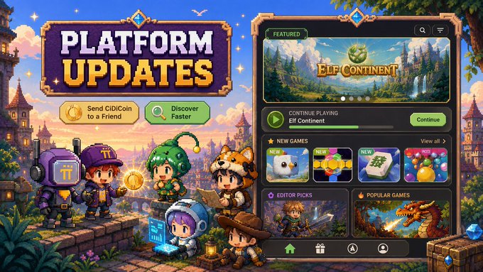 The image promotes "Platform Updates" for CiDi Games, featuring two main announcements: "Send CiDiCoin to a Friend" and "Discover Faster," alongside a preview of a redesigned homepage highlighting "Elf Continent" as the featured game with sections for "New Games," "Editor Picks," and "Popular Games," complete with cute character illustrations and a cleaner, more user-friendly interface.