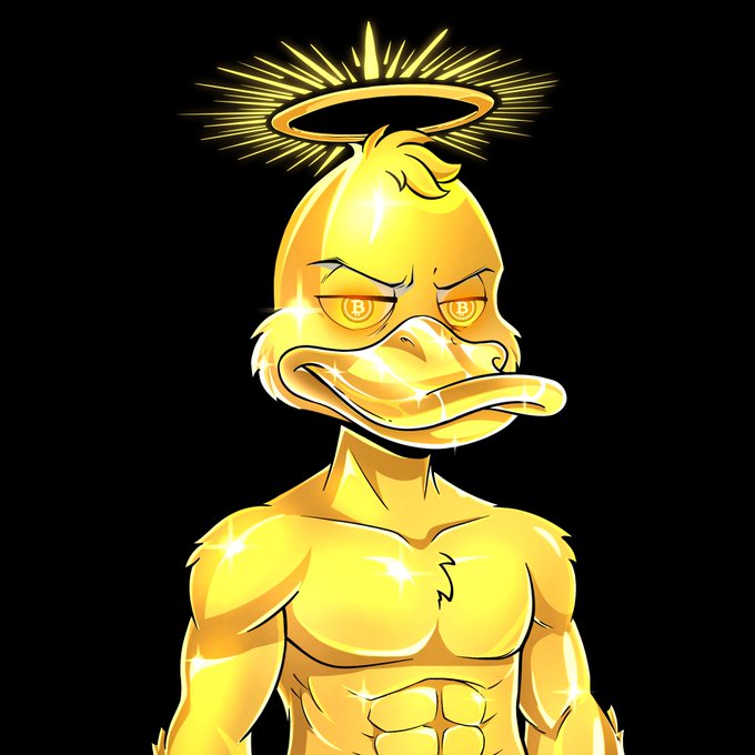 A cartoon illustration of a shiny golden anthropomorphic duck with a muscular build, wearing a glowing halo above its head and displaying "B" logos in its eyes against a black background.