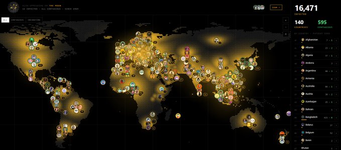 A dark-themed world map visualization tracking 16,471 events across 140 countries, with glowing yellow/orange hotspots concentrated in Europe, North America, and Asia, and a sidebar listing countries like Afghanistan, Albania, and Algeria.