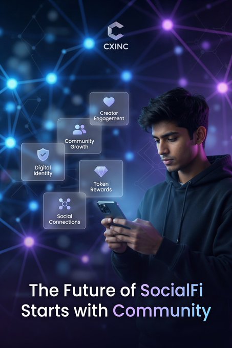 A young man uses his phone against a neon-lit digital network backdrop featuring the CXINC logo and floating icons labeled "Creator Engagement," "Community Growth," "Digital Identity," "Token Rewards," and "Social Connections," with the tagline "The Future of SocialFi Starts with Community." The futuristic imagery visually reinforces the post's message about CreatorX empowering creators to earn directly through video posts and tips without platform middlemen, emphasizing community-driven SocialFi rewards.
