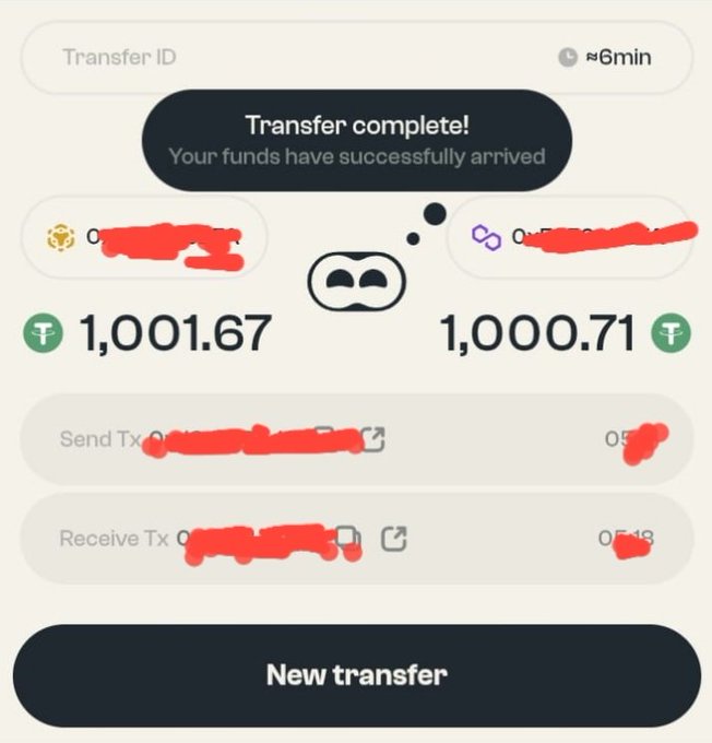 A screenshot of an Allbridge transfer confirmation showing "Transfer complete! Your funds have successfully arrived" after sending 1,001.67 USDT on BNB Chain (green icon) and receiving 1,000.71 USDT on Polygon (purple icon) in approximately 6 minutes. Red redactions cover sensitive information including the Transfer ID and transaction hashes, illustrating the user's positive experience with Allbridge's cross-chain bridge.