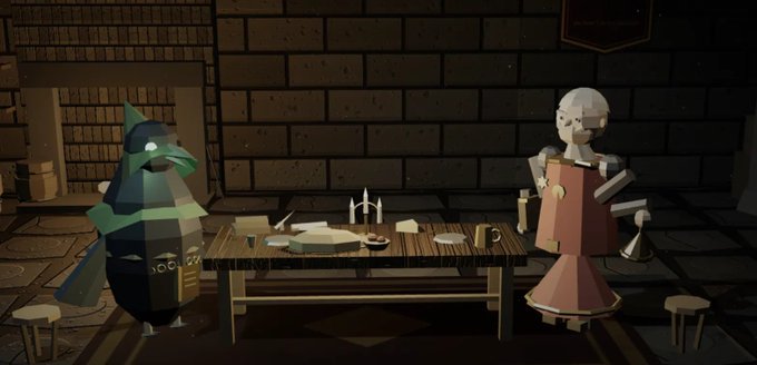 A low-poly 3D rendering shows a penguin character in a wizard hat standing next to a wooden table set with candles and dishes, while a disembodied robotic figure in a pink dress floats nearby inside a brick-walled room. The stylized scene illustrates progress on a Three.js backrooms project featuring the characters $ROOK and The Sheriff.