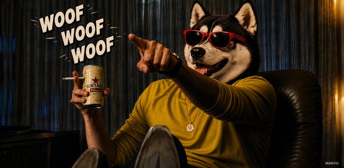 A promotional image showing a person wearing a Shiba Inu dog mask and red sunglasses, holding a beverage can while pointing, with 'WOOF WOOF WOOF' text on the left and a 'MANYU' watermark in the bottom right.
