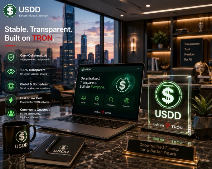 A promotional graphic for USDD (Decentralized Stablecoin) built on TRON, displaying features like 'Over-Collateralized,' '100% Transparent,' and 'Global & Borderless' alongside a laptop, branded mug, and acrylic sign in a modern setting.