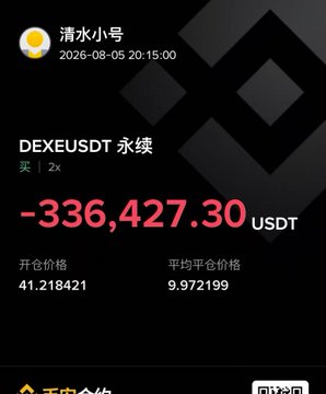 The screenshot shows a trading account under the username "清水小号" (Qing Shui's sub-account) displaying a massive realized loss of **-336,427.30 USDT** on a 2x leveraged DEXEUSDT perpetual position, with an entry price of 41.218421 and an average entry of 9.972199, illustrating the post's point about catastrophic losses from DEXE's recent decline.
