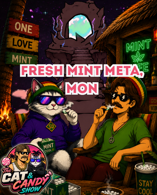 A vibrant illustrated poster for 'The Cat & Candy Show' featuring a cat in sunglasses and a Rastafarian-styled man smoking, with text 'FRESH MINT META, MON' and 'ONE LOVE MINT'.