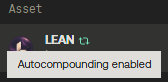 A dark UI element shows an 'Asset' section featuring a penguin avatar labeled 'LEAN' with a tooltip reading 'Autocompounding enabled.'