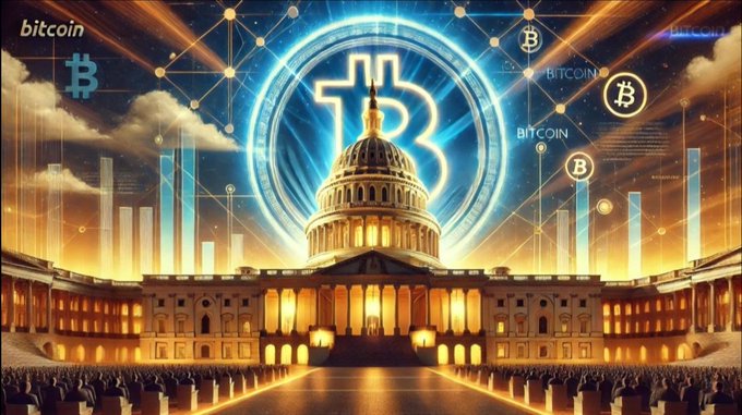 The image shows the U.S. Capitol building illuminated against a dramatic sky, with a glowing Bitcoin symbol prominently displayed above it, surrounded by "BITCOIN" labels and financial chart elements. The post complements this visual by discussing how Bitcoin is being driven by institutional ETF inflows and the advancing CLARITY Act, symbolizing the convergence of cryptocurrency with U.S. regulatory and financial institutions.