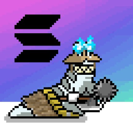 Pixel art depicting a wizard-like character in white robes with a staff, wearing a hat with a blue crystal, lying down on a white surface against a purple and pink background, with a black Solana-style logo on the left.