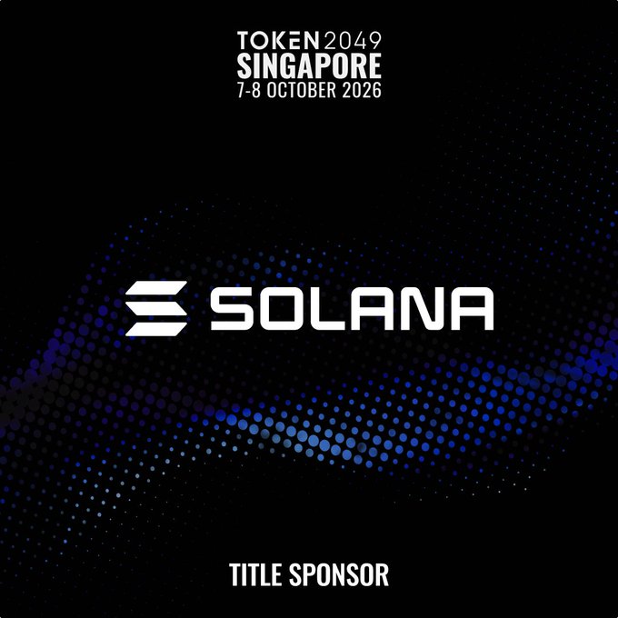 A promotional graphic for TOKEN2049 Singapore (7-8 October 2026) features the Solana logo prominently against a black background with a blue dotted wave design, labeling Solana as the "Title Sponsor" of the event.