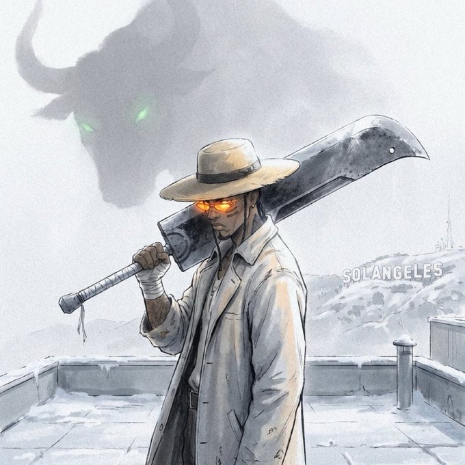 A stylized illustration depicts a figure with glowing orange eyes, wearing a wide-brimmed hat and trench coat, carrying a massive sword over his shoulder, with a menacing spectral bull looming behind him; the watermark "SOLANGELES" appears on the right side, and the image evokes the "$ANSEM" post's themes of powerful, ominous presence.