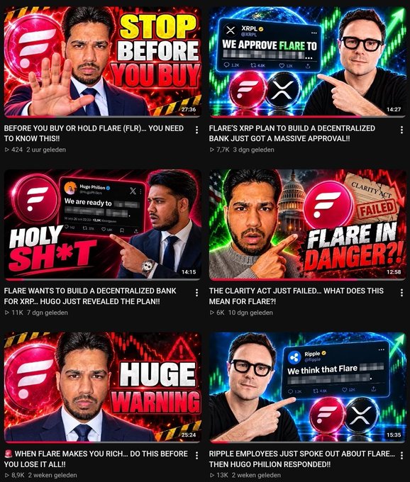 A YouTube thumbnails collage features two crypto content creators discussing Flare (FLR) and XRP, with headlines like "STOP BEFORE YOU BUY", "WE APPROVE FLARE TO", and "HOLY SH*T" referencing Flare's decentralized bank plans.