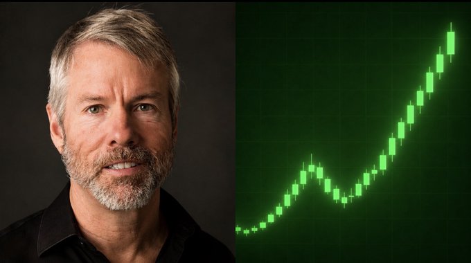 A split image showing a man with grey hair and beard on the left, and a green candlestick chart showing a sharp upward price trend on the right.
