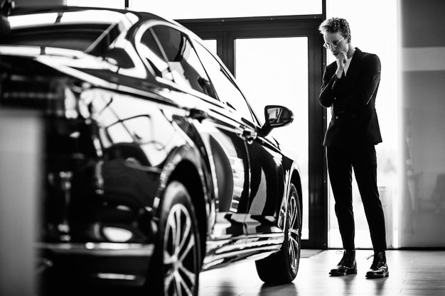 A black and white photograph of a businessman in a suit standing thoughtfully next to a sleek black car in a showroom.