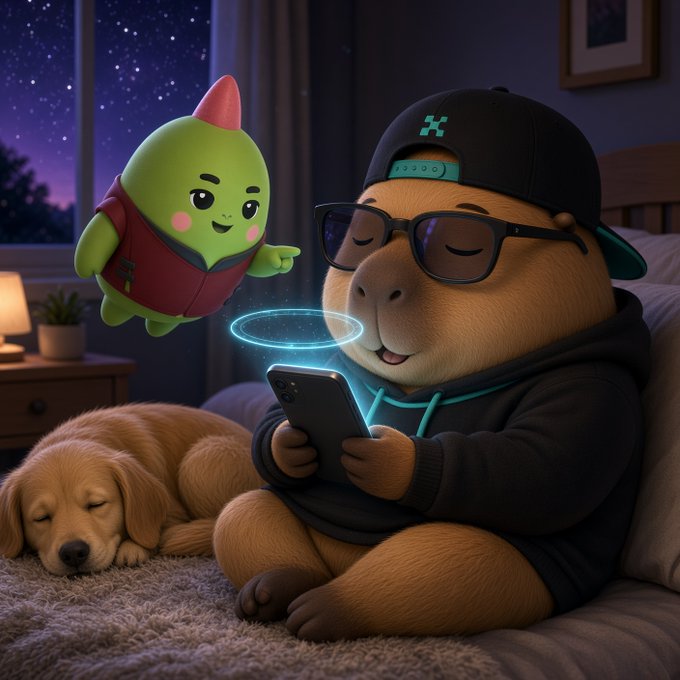 A capybara wearing a black backwards cap, glasses, and a black hoodie sits on a bed using a smartphone, accompanied by a sleeping golden retriever and a small green creature with a red mohawk floating nearby under a starry night sky.