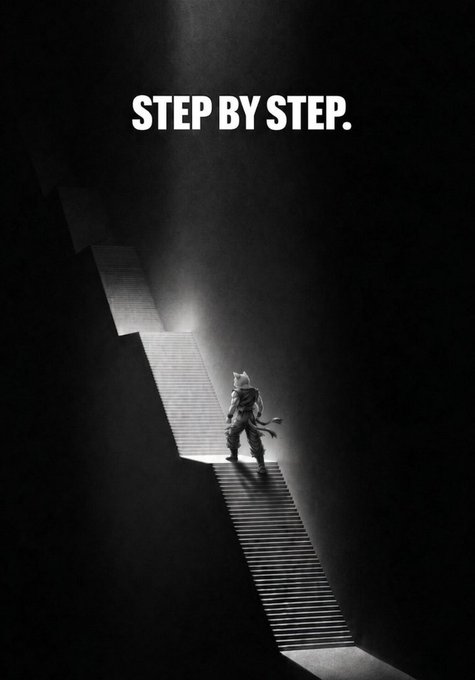 A motivational poster shows an anthropomorphic cat character standing on illuminated stairs in darkness, with the text "STEP BY STEP." displayed at the top.