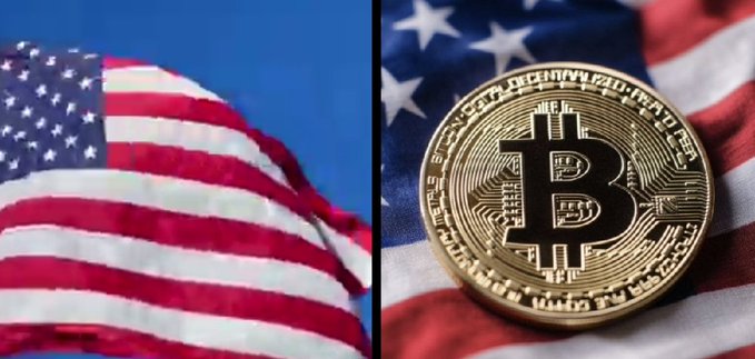 The image shows the American flag on the left and a Bitcoin token placed on a U.S. flag on the right, symbolizing the connection between American national identity and cryptocurrency. This visual ties into the post about the U.S. banning a Central Bank Digital Currency (CBDC), with the Bitcoin coin suggesting that decentralized digital currencies like Bitcoin remain an alternative for those concerned about government-controlled digital money.