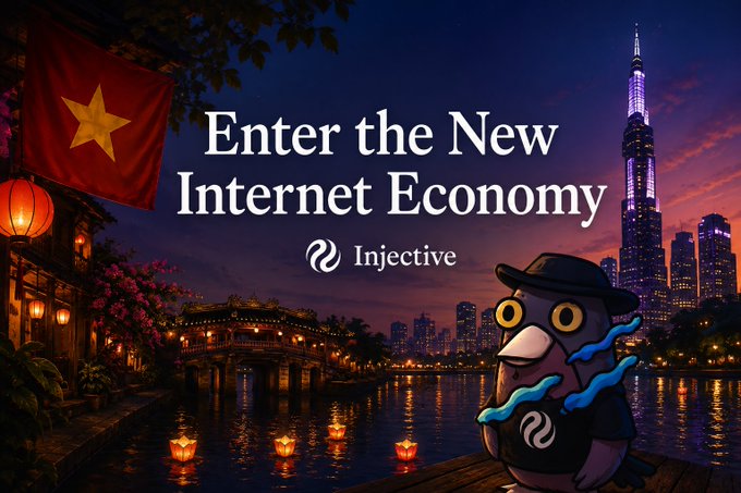 A promotional graphic for Injective cryptocurrency reads 'Enter the New Internet Economy' against a Vietnamese cityscape with the Vietnamese flag, lanterns, and an owl mascot wearing a hat.