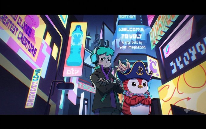 An animated scene set in a neon-lit cyberpunk city called 'VOLT' described as 'A city built by your imagination,' featuring a teal-haired character in a purple outfit standing next to a penguin wearing a pirate hat.