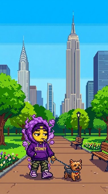 The image features a cartoon girl walking her dog down a city street, with tall buildings in the background. There are also some flowers visible near them. The caption for this image reads "Love Dogs $LOVE".