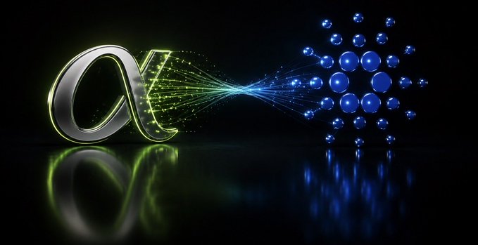 The image features a logo for the cryptocurrency Cardano, which has been photoshopped into a letter "A" with blue spheres surrounding it. The background of the image is black, making the vibrant colors of the Cardano logo stand out prominently. The caption below the image reads "@alphagrowth1 just posted a teaser featuring the Cardano logo. Partnership incoming? $ADA #Cardano #DeFi".