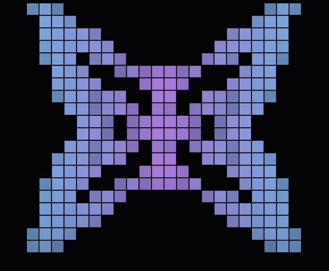 A symmetrical pixel art design in shades of purple and blue against a black background, resembling an abstract insect or geometric emblem.