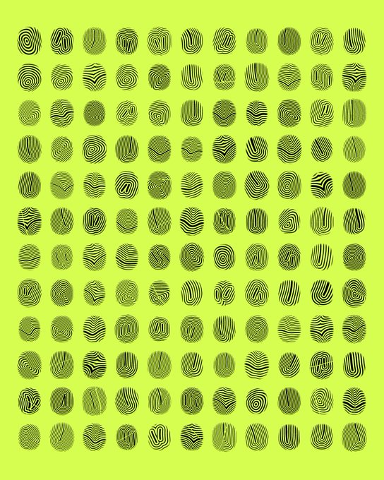 A neon green grid displays roughly 120 fingerprint-like swirl patterns in black ink, each unique in its ridges and whorls, visually echoing the post's invitation to "drop your wallet" by suggesting that every individual's biometric signature corresponds to a chance in a 100 GTD giveaway.